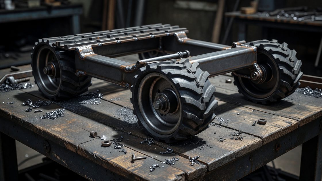 Welded steel frame and rubber tread assembly for a full-size robot base, workshop setting