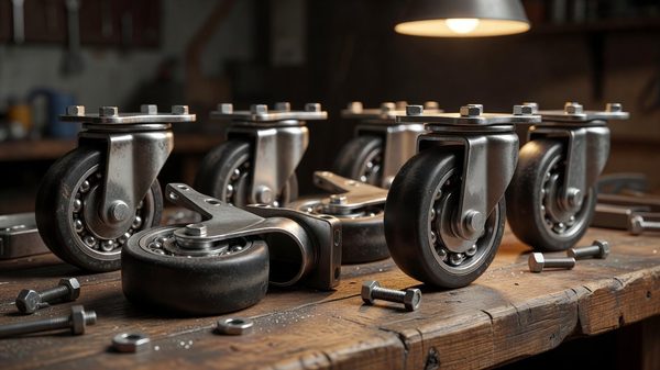 Close-up of industrial caster wheels and swivel hardware on a workbench