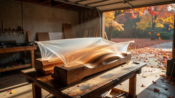 Vacuum-formed plastic sheet over a wooden buck on a workbench, warm autumn light through a garage door