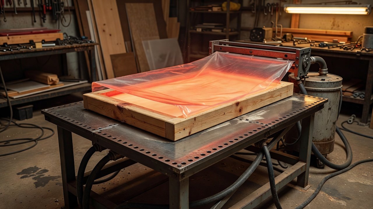 A heated plastic sheet drawn down over a wooden buck on a forming table